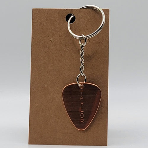 Personalized Hand Stamped Copper Guitar Pick Keychain